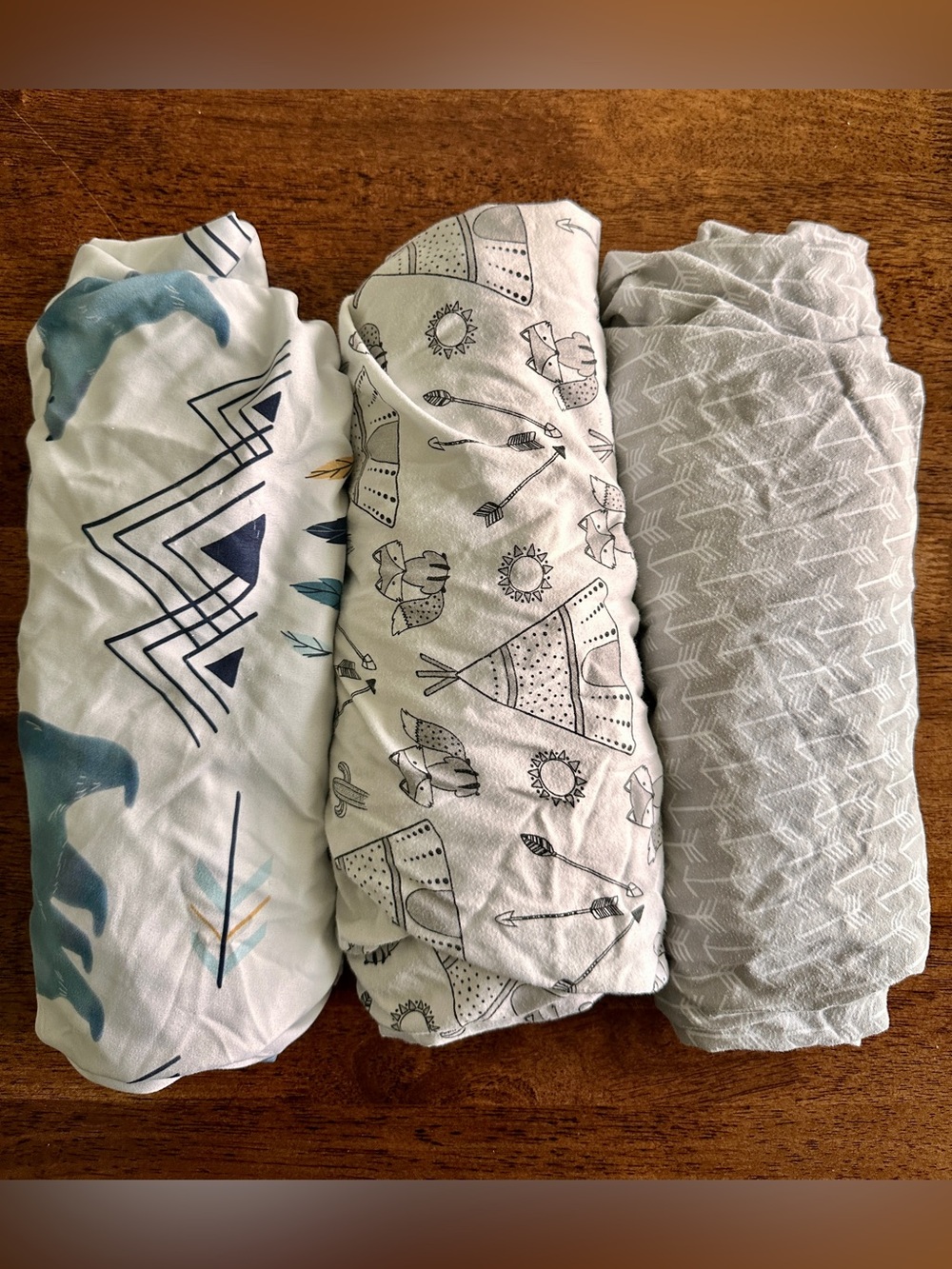 Set of 3 Infant Crib Sheets, Tribal/Woodland Theme (2 White, 1 Gray)